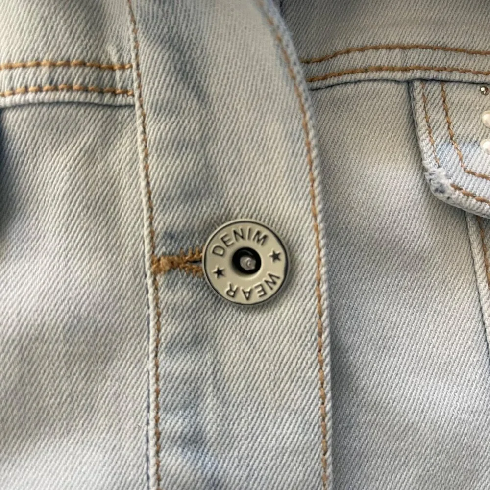 Mayoral Girls Denim Vest Size 10 Pearl Studded Light Wash Jean Jacket Western